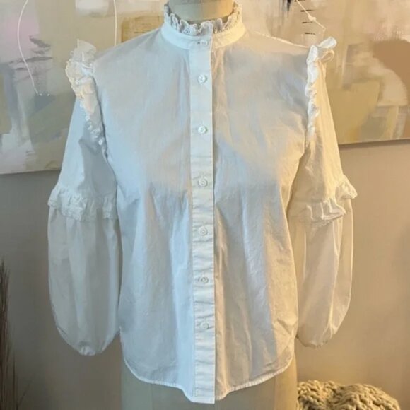 Maje BIANCO Loutan Balloon-Sleeve Poplin shirt with frills - Picture 7 of 9